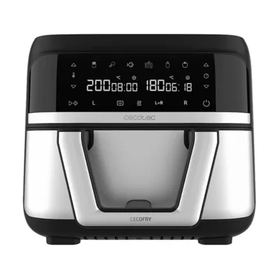 A digital air fryer with a display screen showing cooking settings.