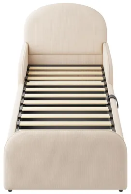 Produktbild von Flieks Kinderbett 90x200cm mit Rausfallschutz, Hydraulisches Polsterbett mit Stauraum, Bodenbett Einzelbett mit Lattenrost, Stauraumbett Samt, Beige