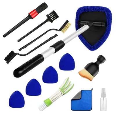 Image de Kit de 13 brosses de nettoyage pour voiture, de couleur bleue, avec manche télescopique et tête pivotante
