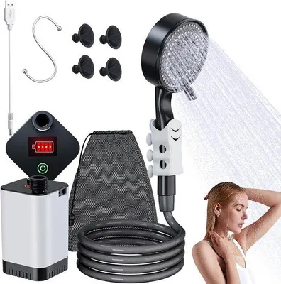 Produktbild von Campingdusche mit Akku und Pumpe für den Außenbereich | Tragbare Dusche für Reisen, Haustiere und den Garten
