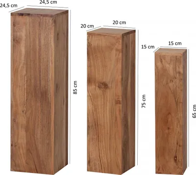 Image de Lot de 3 tables d'appoint FineBuy en bois massif d'acacia, ensemble de tables carrées modernes, tables à colonne, tables pour plantes, lot de 3, support pour fleurs, table à fleurs, salon