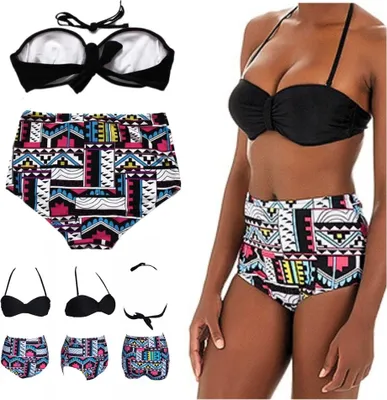 Immagine prodotto di Costume da bagno a due pezzi, vita alta, motivi aztechi, nero, con ferretti, taglia L Costume da bagno a due pezzi, vita alta, motivi aztechi, nero, con ferretti, taglia M