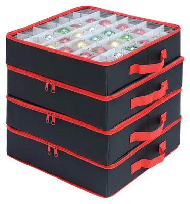 Zdjęcie produktu dla Pudełko do przechowywania bombek świątecznych Relaxdays, zestaw 4 sztuk, po 16 bombek w każdym, wys. x szer. x gł.: 9 x 33 x 33 cm, poliester, tektura, czarno-czerwone, Obraz wygenerowany przez AI