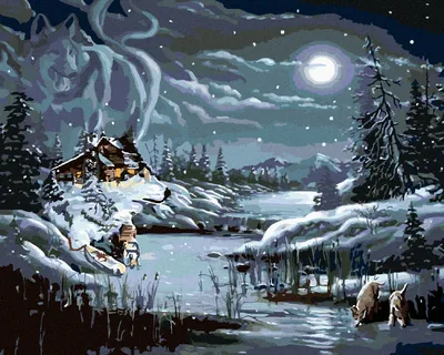 Immagine prodotto di Zuty - Dipingere con i numeri - LUNA PIENA, CASA DI MONTAGNA E LUPO IN INVERNO (D. RUSTY RUST), 40x50 cm, senza cornice e senza tela