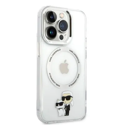 A clear, studio shot of an iPhone 14 Pro case with Karl Lagerfeld and Choupette graphics.