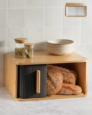 Produktbild von Praknu Brotkasten Groß aus  Holz mit Schiebetür - Brotaufbewahrung 40x28cm - Platzsparend und stilvolle Brotbox für längere Frische - Schwarz