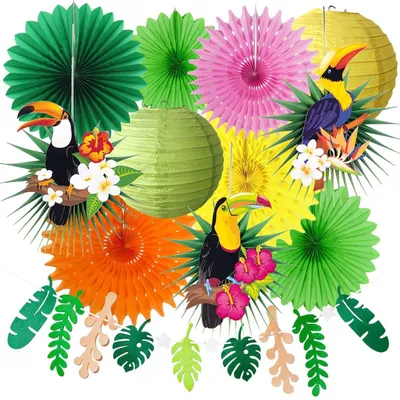 Produktbild von Party Deko Set Papierfächer Laternen Tukan Dschungel Girlande Hawaii Luau Sommerparty