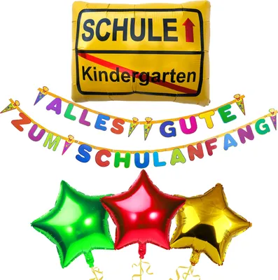Produktbild von Oblique Unique Schuleinführung Schulanfang Einschulung Deko Set - Alles Gute zum Schulanfang Girlande + Schule und Stern Luftballons