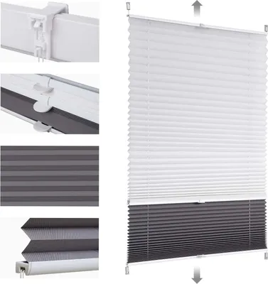 A collage of images showing details of a pleated blind, including the mounting mechanism, different color options, and the folded structure, alongside a full view of the blind.