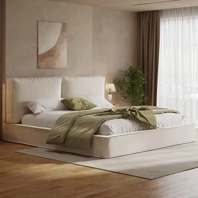Image de Lit rembourré Flieks 160 x 200 cm avec tête de lit rembourrée, lit double avec sommier à lattes, lit avec rangement, lit en bois pour adolescent, chenille, beige