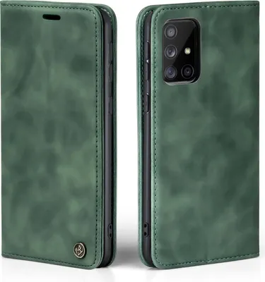 A green flip case for a Samsung Galaxy A51 phone is shown from the front and back.