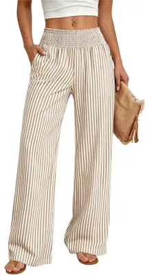 Produktbild von ASKSA Damen Weites Bein Hose Karierte Sommerhose Hohe Taille Elastic Palazzo Baggy Casual Freizeithose mit Taschen Streifen Aprikose XL
