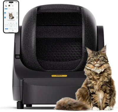 Image de Bac à litière automatique à couvercle ouvert, capacité de 89,5 litres, noir, avec système de sécurité intégré et contrôle via une application
