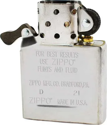 A close-up, straight-on view of a Zippo lighter.