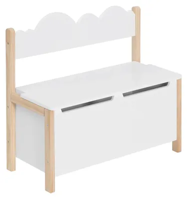 Produktbild von Kinderbank mit Rückenlehne - Spielzeugkiste mit Stauraum - 60 x 25,5 x 55 cm - MDF und Massivholz - Für Kinder ab 3 Jahren - Sitzbelastbarkeit 50 kg - Weiß