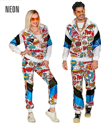 A man and a woman posing in matching 80s-themed comic-style tracksuits.