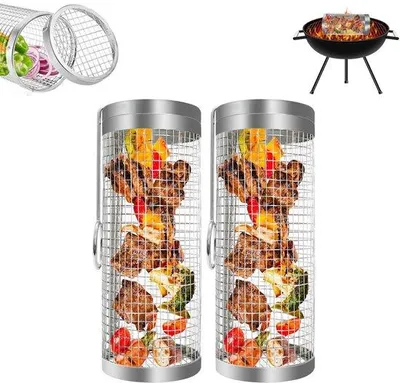 Produktbild von RVS Grillset mit 2 Grillkörben - Grillrost - Grillzubehör - Grillcylinder - Gemüsehalter - 20 cm - Rund - Grillwerkzeug