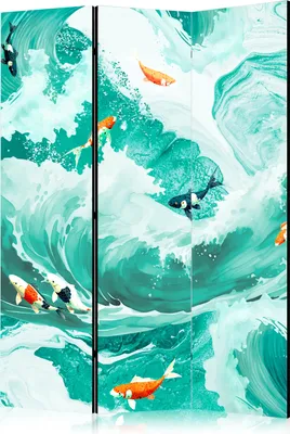 Produktbild von 3-teiliger Einseitiger Vlies Paravent - Koi Fish Among Waves - Japanese Fish Among Waves in Shades of Turquoise And White 135x172 cm Tiere g-C-10142-z-a