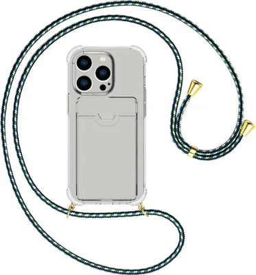 Produktbild von Handykette Backcover-Schutzhülle mit Band (Metall goldfarben) für Apple iPhone 15 Pro - grün/blau/weiß