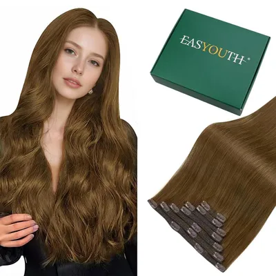 Immagine prodotto di Clip-in per extension, capelli naturali, 45 cm, marrone scuro, set da 7 pezzi, 120 grammi