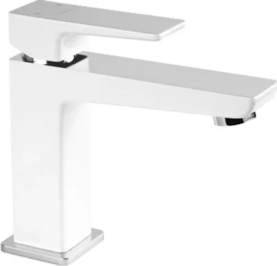 A white and silver bathroom faucet on a white background.