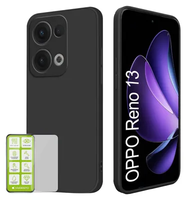 A black phone case and a screen protector are shown next to a smartphone displaying a wallpaper.