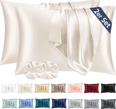 Produktbild von Satin Kissenbezug 2er Set 40x80cm Beige mit Haargummis