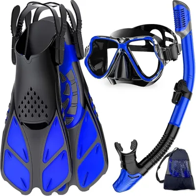 Productafbeelding van Snorkelset voor volwassenen, vinnetjes, duikbril, zwart-blauw, model 2023, maat L-XL