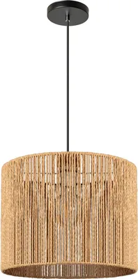 A pendant light with a woven rope shade.