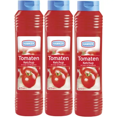 Zdjęcie produktu dla Ketchup pomidorowy Hamker do frytek, steków i grillowanego mięsa 875ml opakowanie 3 szt