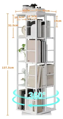 Produktbild von 360° drehbares Bücherregal - Eckregal aus Holz - 16 Fächer - Platzsparend für Kinderzimmer/Wohnzimmer/Schlafzimmer/Büro - Weiß