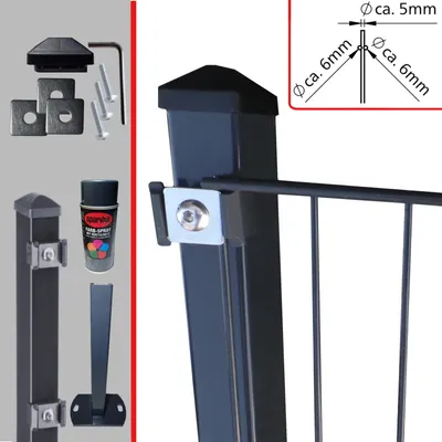 A collage of fence components and a close-up of a fence post with a wire mesh attached.