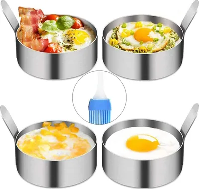 A collage of four stainless steel egg rings, each containing a cooked egg or egg and bacon, and a silicone basting brush.