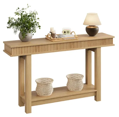 Produktbild von Fluted Konsolentisch 160 cm - Schmaler Flur- und Sofatisch - 2 Ebenen mit Ablage und Schubladen - Rechteckiger Holztisch im Landhausstil - Naturfarbe