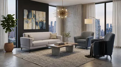 Image de Canapé gris en tissu, composé de deux places et de deux fauteuils, idéal pour un salon
