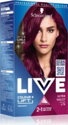 A box of Schwarzkopf LIVE Colour + Lift Permanent Hair Color, Ultra Violet shade.