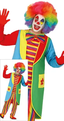 Imagen del producto de Disfraces de payaso para carnaval, conjunto divertido y llamativo para adultos. Incluye: peluca de colores, zapatos, atuendo clásico. Talla: 52 - 54 (L). Color: Multicolor