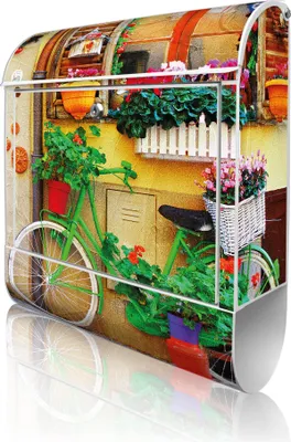 Produktbild von banjado Design Briefkasten Stahl weiß mit Zeitungsfach pulverbeschichtet "Grünes Fahrrad" 38x46x12,5cm & 2 Schlüssel - Postkasten A4 Einwurf inkl. Montagematerial [BKW 11107]