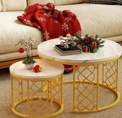 Image de Ensemble de 2 tables basses gigognes, tables d'appoint pour chambre ou balcon, table de salon, blanc et or