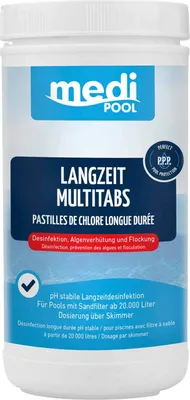 Produktbild von mediPOOL Langzeit-Multi Tabs 200 g, Multifunktionstabletten, Chlortabletten, Dauerchlorung, Flockmittel, Poolreinigung Inhalt:1 kg