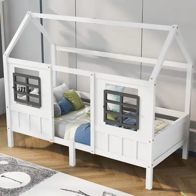 Image de MODFU Lit Enfant 90 x 200 cm - Lit Cabane avec Cadre Bois et Fenêtres Décoratives - Sans Matelas - Blanc