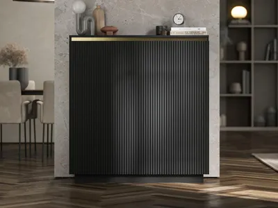 Produktbild von Kommode TV SELENE von Lindner Möbel – zweitürig – 110,8cm x 35cm x 118cm - Farbe: Schwarz matt- Italienische Tiefmattfolie