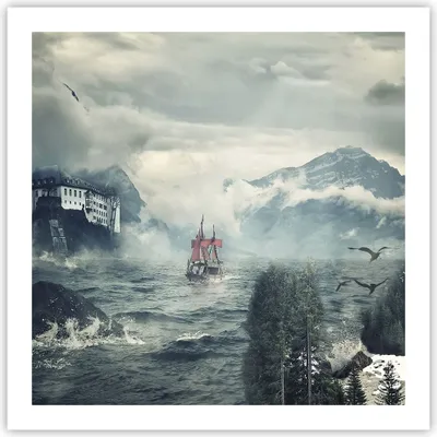 Produktbild von Poster - Poster ohne Rahmen - Sturm Berge Segelschiff - 60x60 cm - Wand Bild - Wanddeko - Wandbilder - Kunstposter - Wandposter - Bilder - Kunstdruck - Wanddekoration - Wandbild - P2XAC60x60-4208