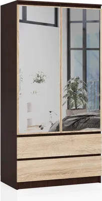 Produktbild von Kleiderschrank AKORD S90 mit Spiegel Wenge 90 cm 2 Türen 2 Schubladen 4 Ebenen Front Sonoma-Eiche B90 x H180 x T51 cm