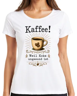Immagine prodotto di Maglietta da donna, colore bianco, taglia XXL. Scritta: "Kaffee Weil Koks ungesund ist" (Caffè perché la cocaina fa male), stile sarcastico, ideale per l'ufficio