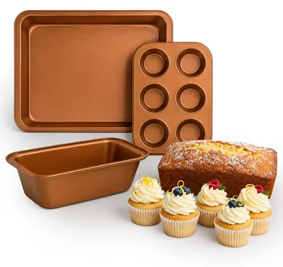 Produktbild von Relaxdays Backformen Set 3-tlg., Muffinblech, Kastenform, Bratform, antihaftbeschichtet, Carbonstahl, bis 230 °C, kupfer