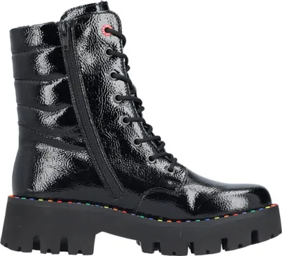 A black patent leather boot with laces and a zipper.