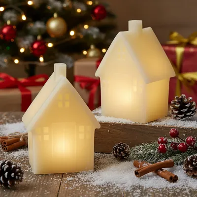 Image de 2.03 LED Bougie cire véritable maison en crème - Set de 2 pièces / chacune env. 7x11 cm - Maisons illuminées blanc chaud
