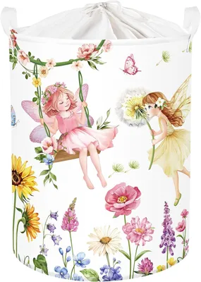 Produktbild von Großer Wäschekorb für Kinder mit Prinzessin, Schmetterlingen und Blumen, Stoff-Aufbewahrungskorb für Kleidung und Spielzeug, 63L