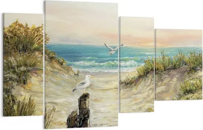 Produktbild von Bild auf Leinwand - Leinwandbild - 4 Teile - Impressionismus Möwen Küste - 120x70cm - Wand Bild - Wanddeko - Wandbilder - Leinwanddruck - Bilder - Wanddekoration - Leinwand bilder - DL120x70-4602